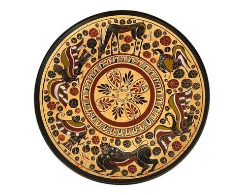 Decorate you wall with a Ceramic Plate with with designs in Cornthian technique .
Corinthian Greek pottery was a prominent style in ancient Greece, flourishing between the 7th and 6th centuries BCE. Known for its detailed, miniature figures, it often featured animals, mythological creatures, and floral patterns. Using a light clay background with black and red decoration, Corinthian pottery played a key role in the development of later Greek ceramic styles, including Attic pottery.
Net weight: 1 kgr(2,2lb