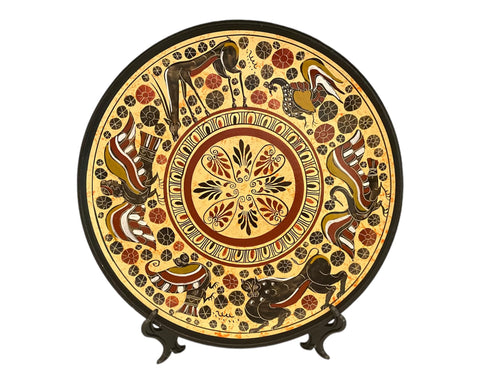 Decorate you wall with a Ceramic Plate with with designs in Cornthian technique .
Corinthian Greek pottery was a prominent style in ancient Greece, flourishing between the 7th and 6th centuries BCE. Known for its detailed, miniature figures, it often featured animals, mythological creatures, and floral patterns. Using a light clay background with black and red decoration, Corinthian pottery played a key role in the development of later Greek ceramic styles, including Attic pottery.
Net weight: 1 kgr(2,2lb