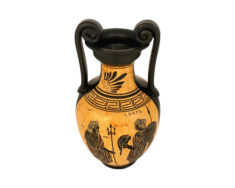 Ancient Greek Vase 19cm,Black figure Amphora,God Poseidon with Athena, God Zeus - ifigeneiaceramics