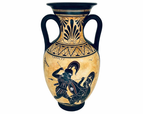 Black figure pottery Amphora 31cm,Iliad battle scene over Patroclus body