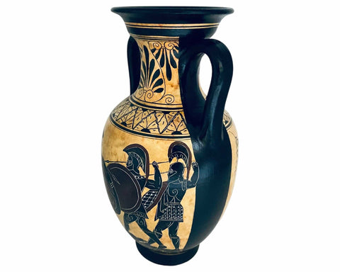 Black figure pottery Amphora 31cm,Iliad battle scene over Patroclus body