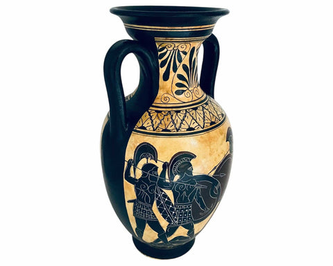 Black figure pottery Amphora 31cm,Iliad battle scene over Patroclus body