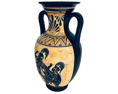 Black figure pottery Amphora 31cm,Iliad battle scene over Patroclus body