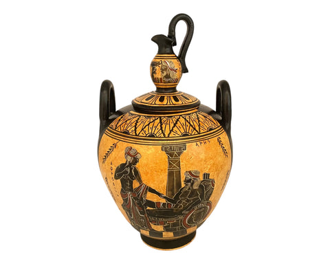 Black figure pottery Canister 20cm with lid, Go Ares with Aphrodite