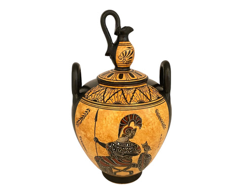 Black figure pottery Canister 20cm with lid, Go Ares with Aphrodite