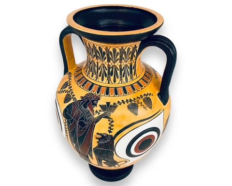 Black figure Pottery,Replicas Amphora 31cm,Hephaestos brought back to Olympos by Dionysos
