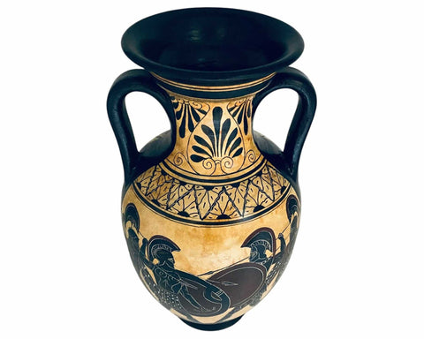 Black figure pottery Amphora 31cm,Iliad battle scene over Patroclus body