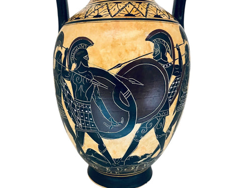 Black figure pottery Amphora 31cm,Iliad battle scene over Patroclus body