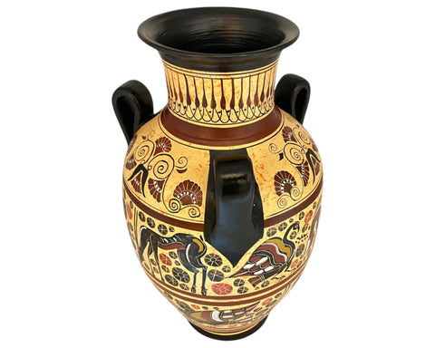 Corinthian Art Pottery Vase, Amphora with 3 handles 31cm