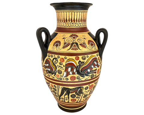 Corinthian Art Pottery Vase, Amphora with 3 handles 31cm