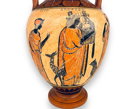 Greek Pottery Amphora 31cm,Apollo with Artemis and Leto,Zeus with Hermes and Iris