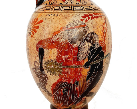 Handmade Greek Vase 36 cm – Satyr with Menas – Ancient Pottery Jar Replica