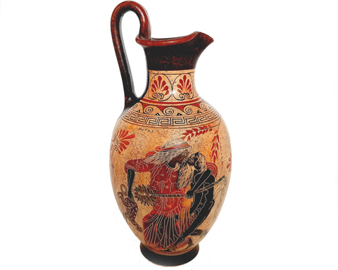 Handmade Greek Vase 36 cm – Satyr with Menas – Ancient Pottery Jar Replica