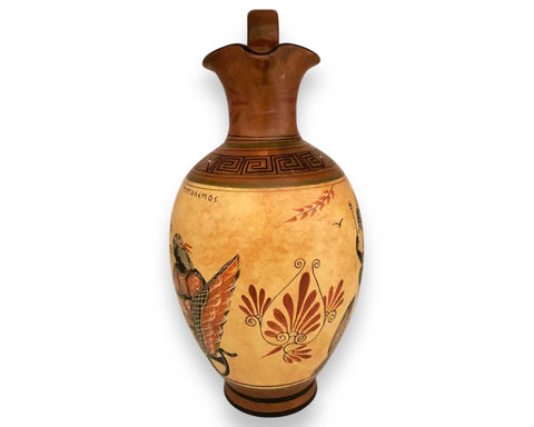 Greek Pottery Vase 30cm,Oinochoe with Brown shades, shows Triptolemus with Demeter and  God Hermes - ifigeneiaceramics