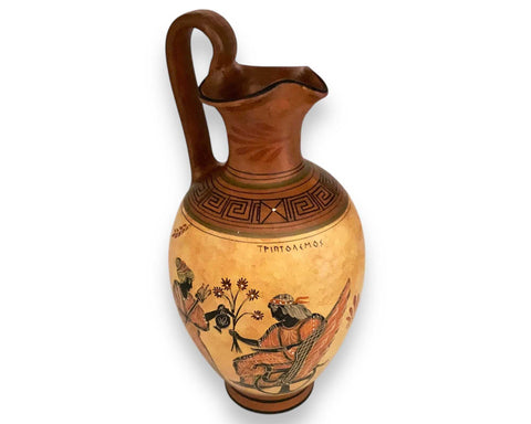 Greek Pottery Vase 30cm,Oinochoe with Brown shades, shows Triptolemus with Demeter and  God Hermes - ifigeneiaceramics