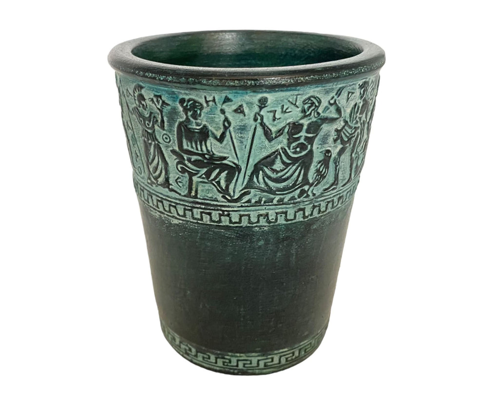 Greek Pottery glass 11cm,Releif terracotta ,Shows Ancient Greek Olympian Gods