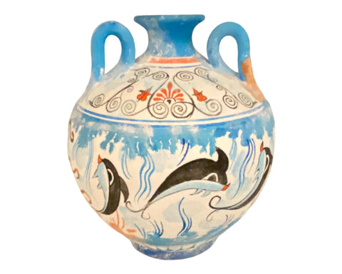 Greek Pottery Vase,3 handle Amphora seated 16cm,Ancient Minoan art