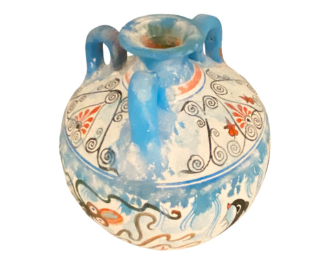 Greek Pottery Vase,3 handle Amphora seated 16cm,Ancient Minoan art