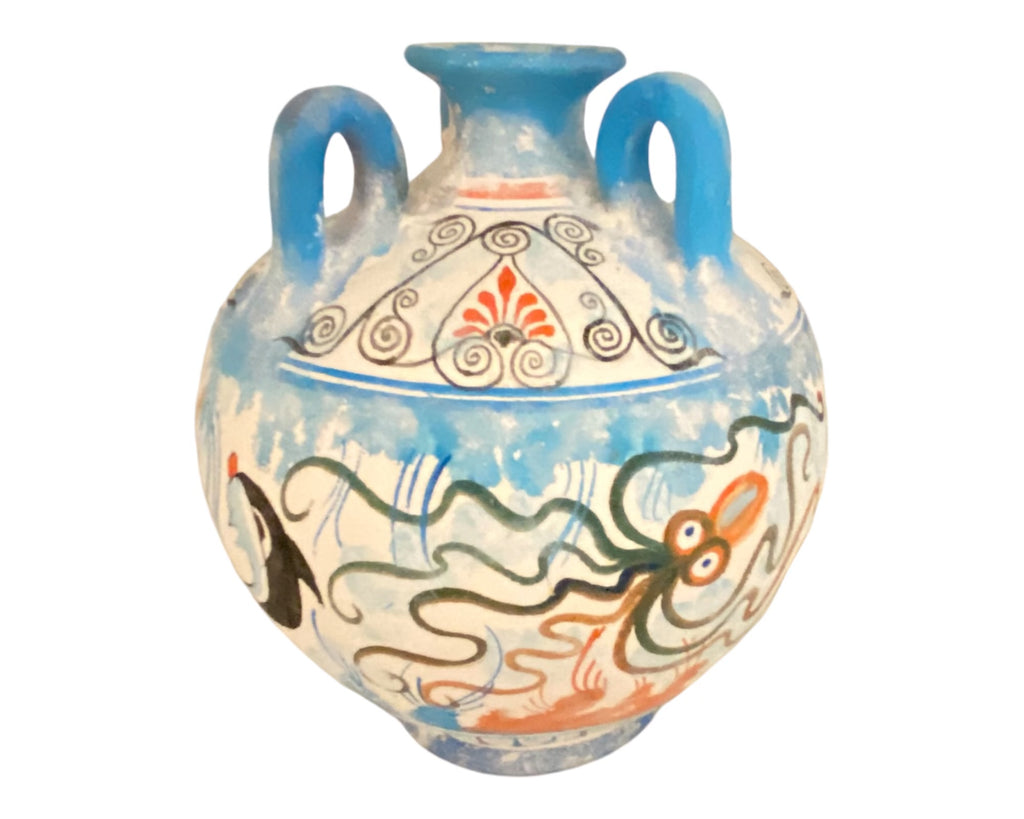 Greek Pottery Vase,3 handle Amphora seated 16cm,Ancient Minoan art