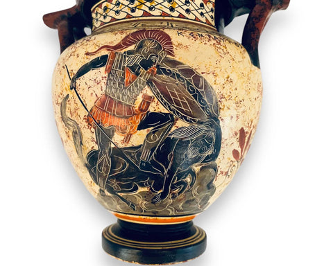 Greek pottery Vase,Column krater 16cm,Theseus kill Centaur and Goddess Athena