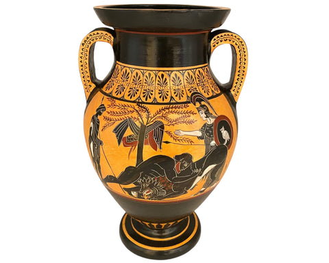 Enhance your decor with an Ancient Greek Museum Replicas.The Attic black-figure amphora attributed to the Psiax Painter, depicting Hercules strangling the Nemean Lion, is a significant piece of ancient Greek pottery that showcases both artistic skill and mythological narrative.
SIDE A: Hercules and the Nemean Lion: This scene depicts Hercules (Heracles) in a moment from his first labor, where he is tasked with slaying the invulnerable Nemean Lion. The lion's skin was so tough that weapons could not pierce