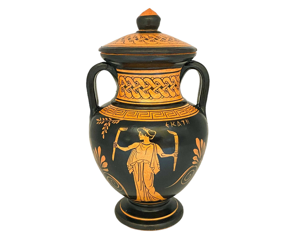 Red figure Pottery Aphora 19cm with lid ,Hecate and Goddess Artemis