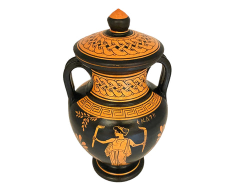 Red figure Pottery Aphora 19cm with lid ,Hecate and Goddess Artemis