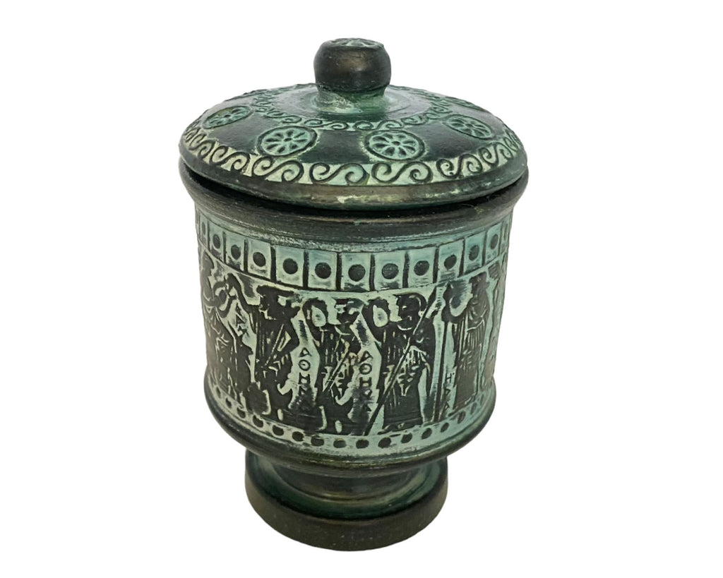 Relief terracotta Pottery,Pyxis vessel with lid 13cm,Ancient Greek Mythology Scenes