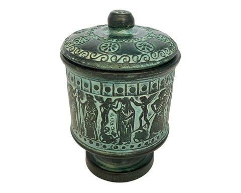 Relief terracotta Pottery,Pyxis vessel with lid 13cm,Ancient Greek Mythology Scenes