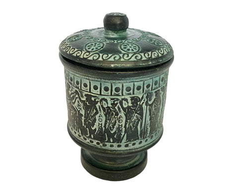 Relief terracotta Pottery,Pyxis vessel with lid 13cm,Ancient Greek Mythology Scenes