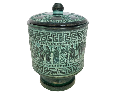 Relief terracotta Pottery,Pyxis vessel with lid 17cm,Ancient Greek Mythology Scenes