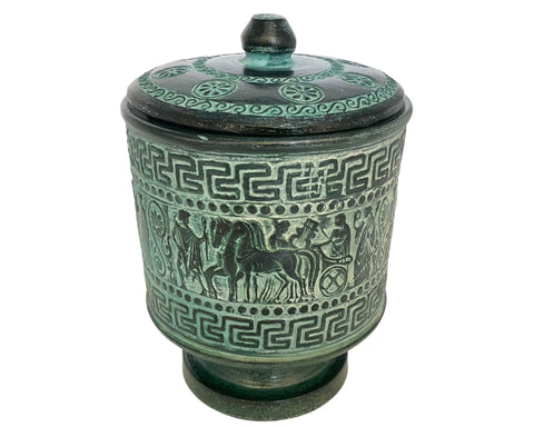 Relief terracotta Pottery,Pyxis vessel with lid 17cm,Ancient Greek Mythology Scenes