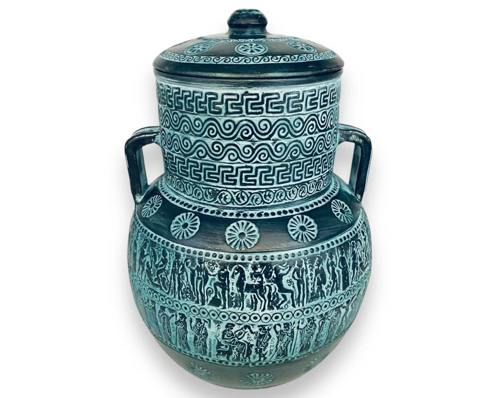 Relief terracotta Amphora Vase 28cm with lid,Ancient Greek Mythology Scenes,Green Patina