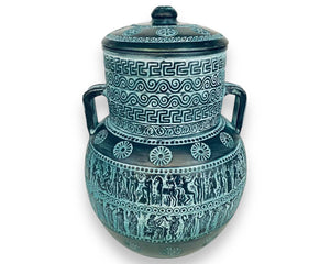 Relief terracotta Amphora Vase 28cm with lid,Ancient Greek Mythology Scenes,Green Patina