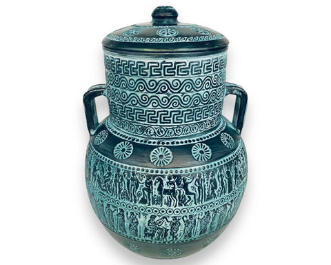 Relief terracotta Amphora Vase 28cm with lid,Ancient Greek Mythology Scenes,Green Patina