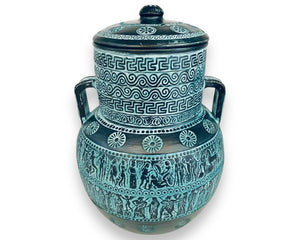 Relief terracotta Amphora Vase 28cm with lid,Ancient Greek Mythology Scenes,Green Patina