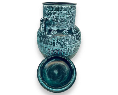 Relief terracotta Amphora Vase 28cm with lid,Ancient Greek Mythology Scenes,Green Patina