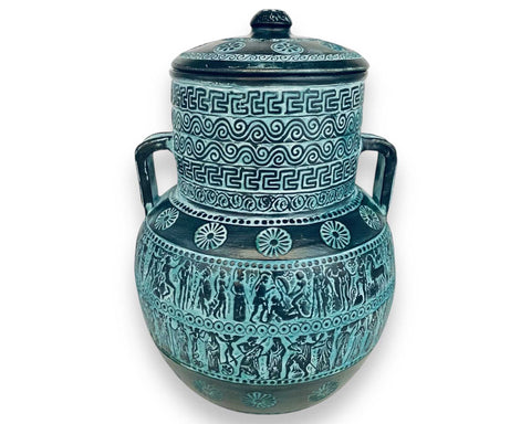 Relief terracotta Amphora Vase 28cm with lid,Ancient Greek Mythology Scenes,Green Patina