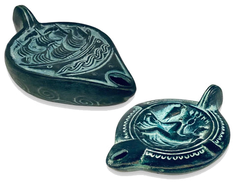 Set of 2 Releif terracotta lamps  11-13cm,Ancient Greek pottery