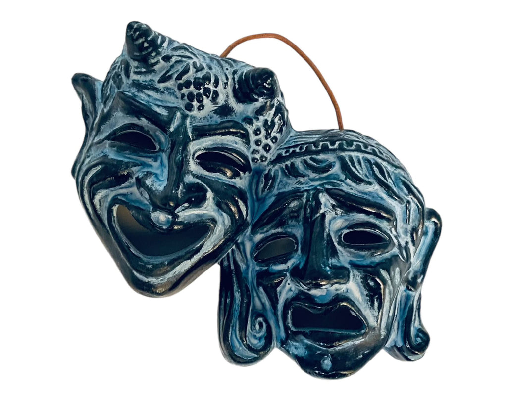 Greek Theater Masks ,Tragedy and Comedy,Relief terracotta, Blue patina wall Decor 18x14cm
