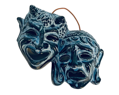 Greek Theater Masks ,Tragedy and Comedy,Relief terracotta, Blue patina wall Decor 18x14cm