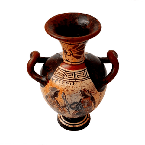 Ancient Greek Amphora 16cm,Multicolored,showing God Apollo and Goddess Artemis - ifigeneiaceramics