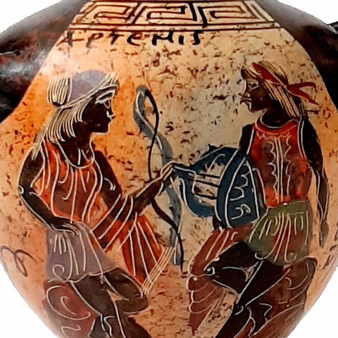 Ancient Greek Amphora 16cm,Multicolored,showing God Apollo and Goddess Artemis - ifigeneiaceramics