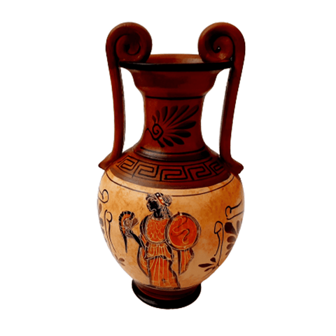 Ancient Greek Vase ,Amphora 19cm, with Brown shades, shows Achilles kill Hector - ifigeneiaceramics