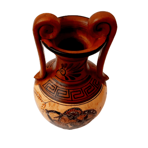 Ancient Greek Vase ,Amphora 19cm, with Brown shades, shows Achilles kill Hector - ifigeneiaceramics