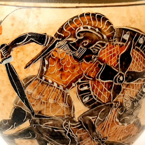 Ancient Greek Vase ,Amphora 19cm, with Brown shades, shows Achilles kill Hector - ifigeneiaceramics