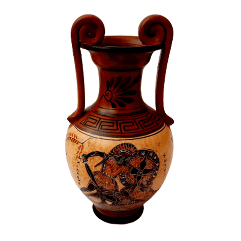 Ancient Greek Vase ,Amphora 19cm, with Brown shades, shows Achilles kill Hector - ifigeneiaceramics