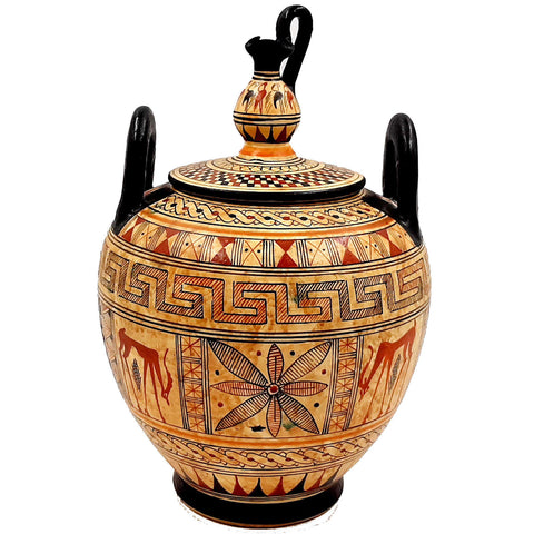Ancient Greek Canister 23cm with lid, Geometric Art Pottery - ifigeneiaceramics