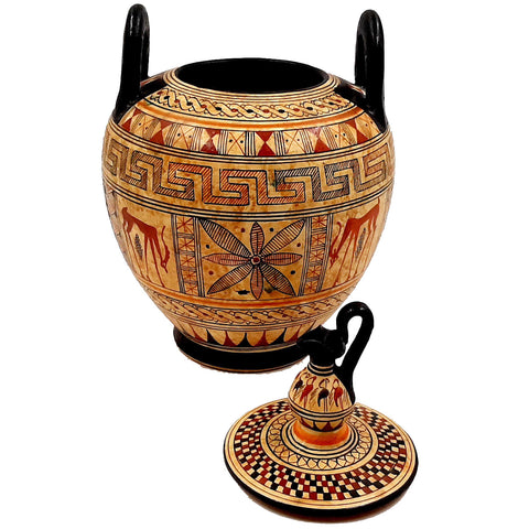 Ancient Greek Canister 23cm with lid, Geometric Art Pottery - ifigeneiaceramics