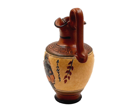 Ancient Greek Oinochoe 16cm, with Brown shades, shows God Dionysus - ifigeneiaceramics